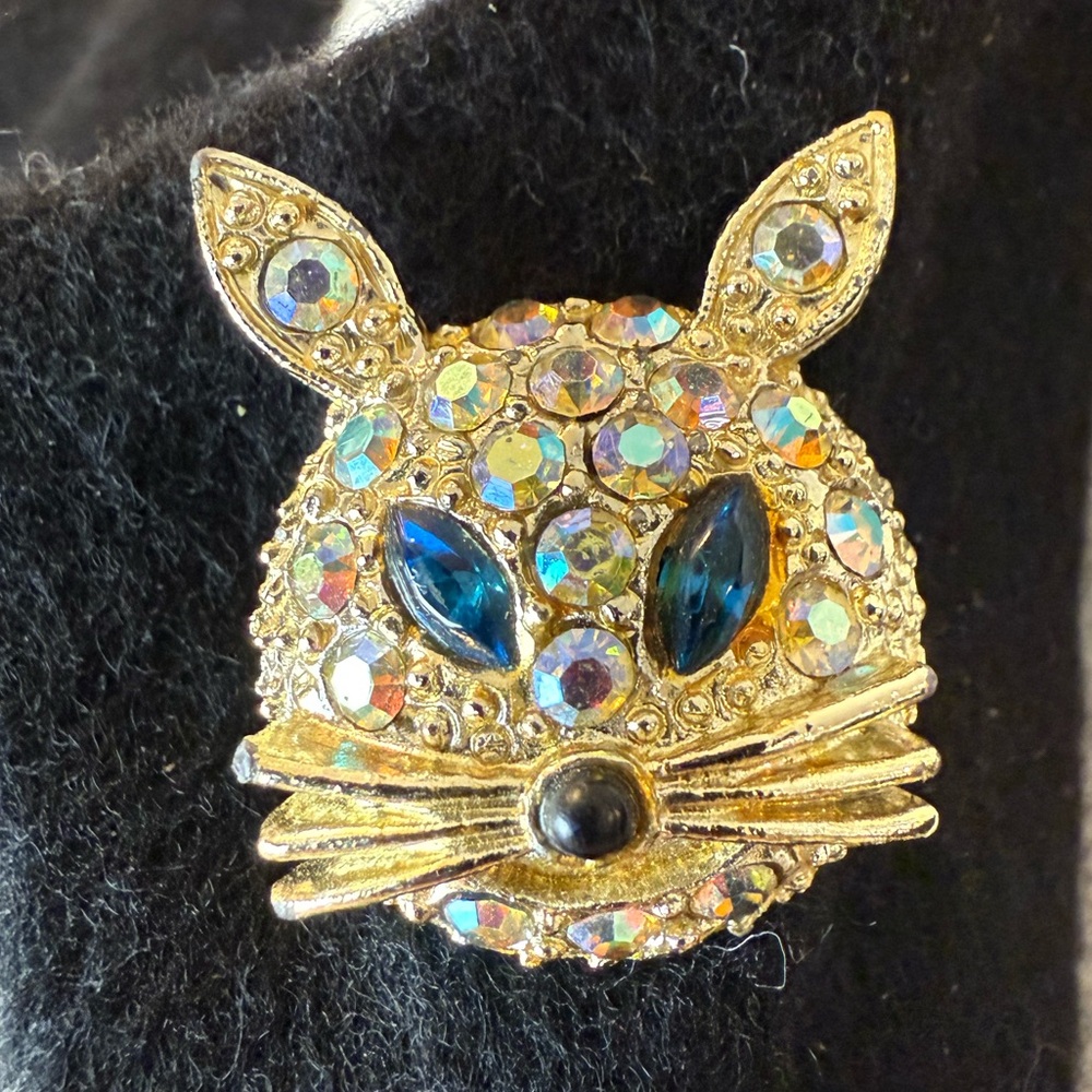 Vintage Gold Cat Brooch with Blue Gems and Iridescent Rhinestones
